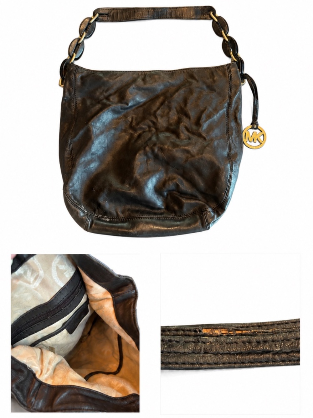 Garage Blowout Michael Kors Black Leather Hobo MK Charm As Is